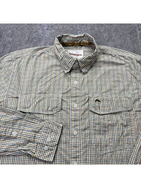 Simms Shirt Men M Green White Blue Long Sleeve Button-Down 44"